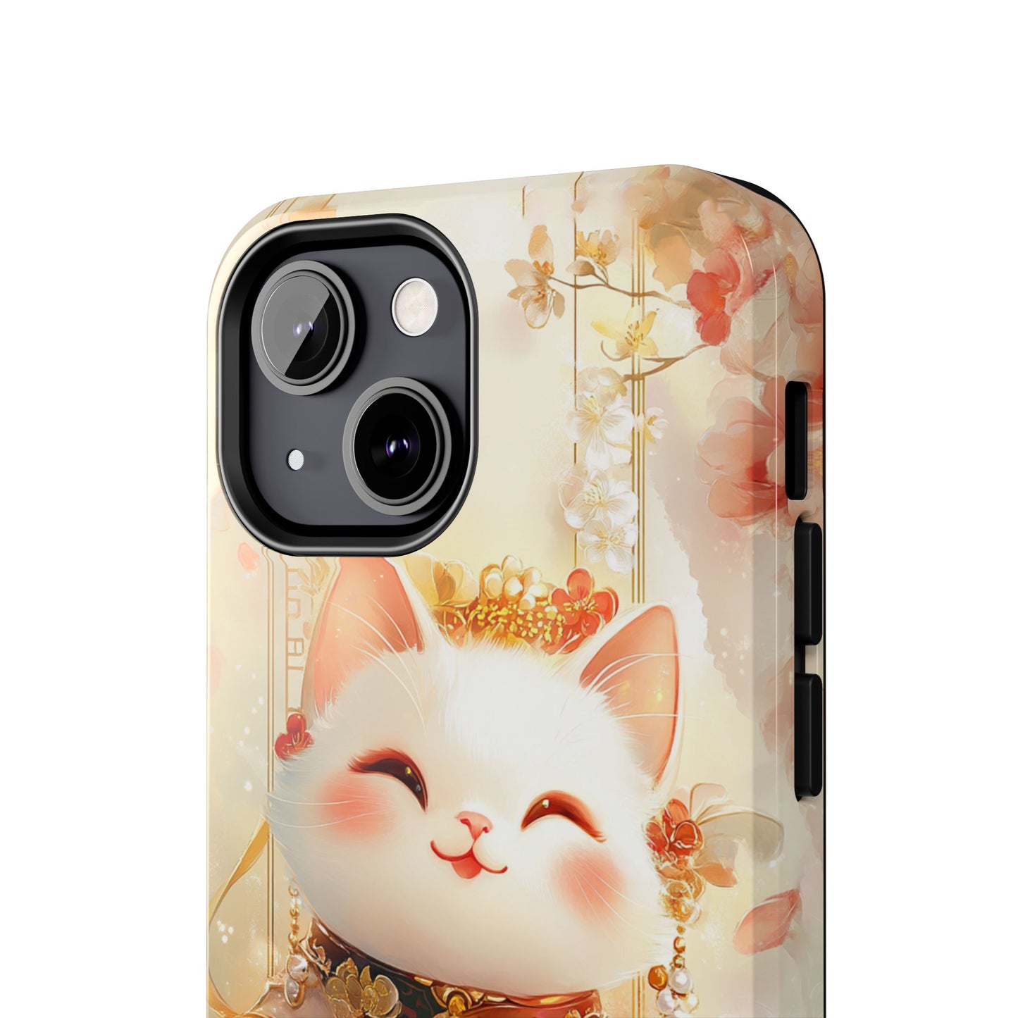 Lucky Fortune Cat Phone Case | Tang Dynasty Chinese Style Golden Floral Design | Cute Smiling Maneki-neko Protective Cover
