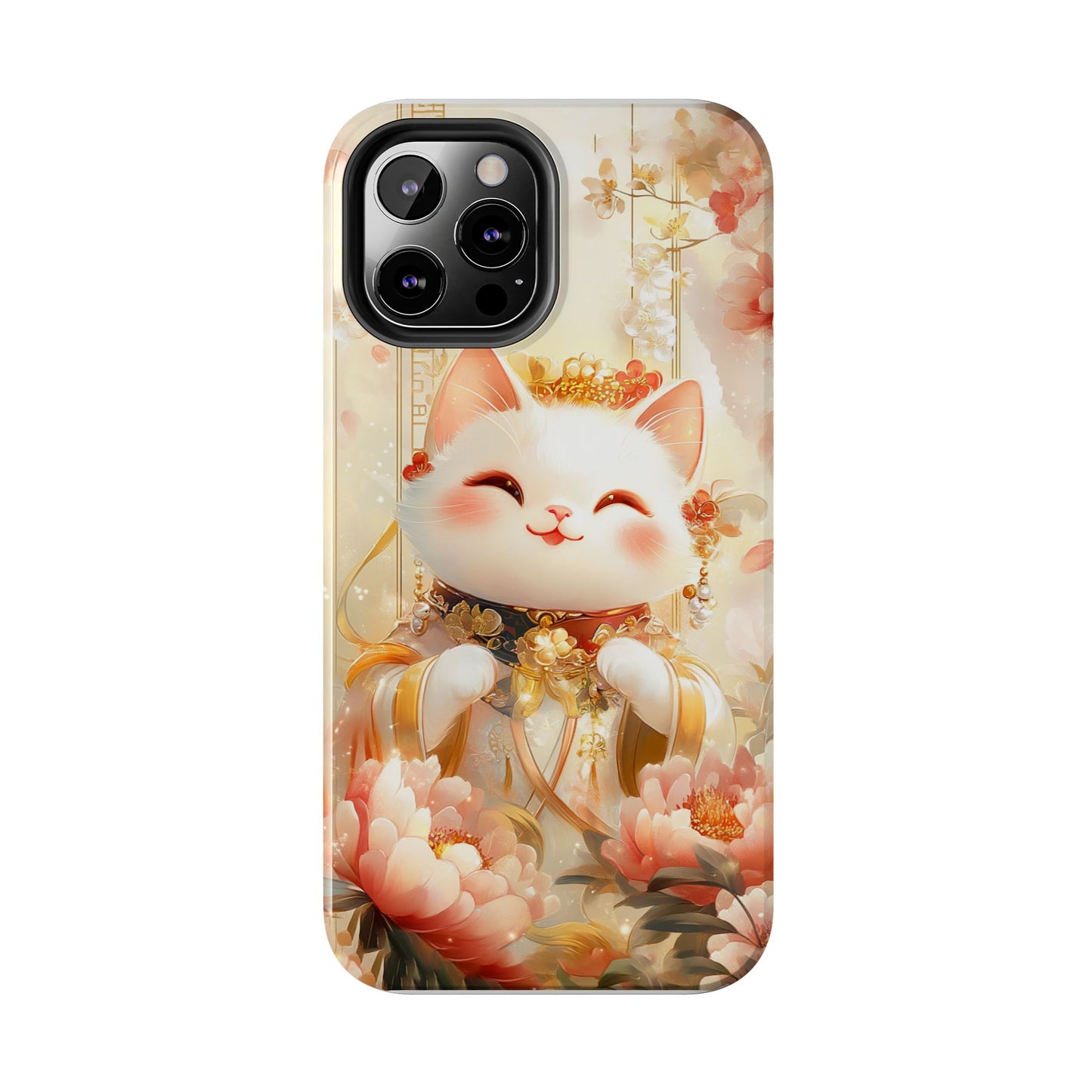 Lucky Fortune Cat Phone Case | Tang Dynasty Chinese Style Golden Floral Design | Cute Smiling Maneki-neko Protective Cover