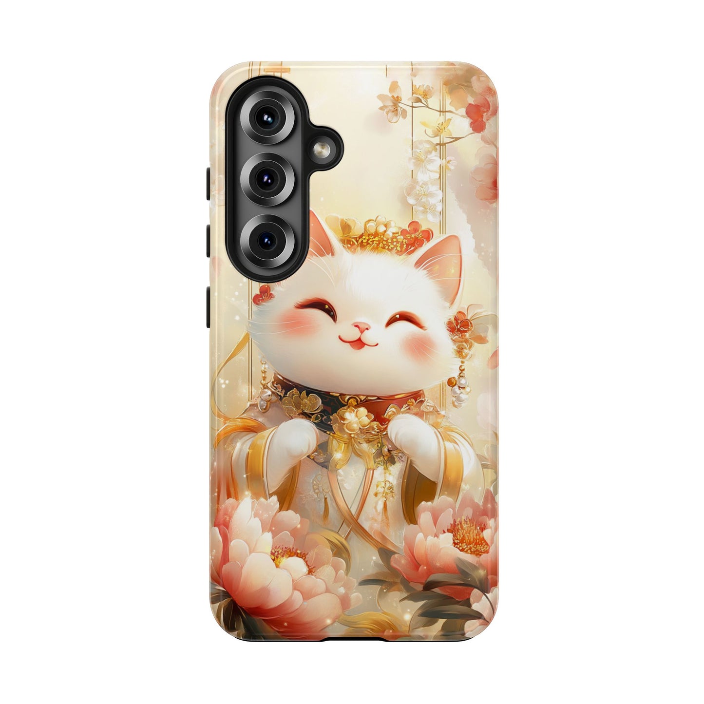 Lucky Fortune Cat Phone Case | Tang Dynasty Chinese Style Golden Floral Design | Cute Smiling Maneki-neko Protective Cover