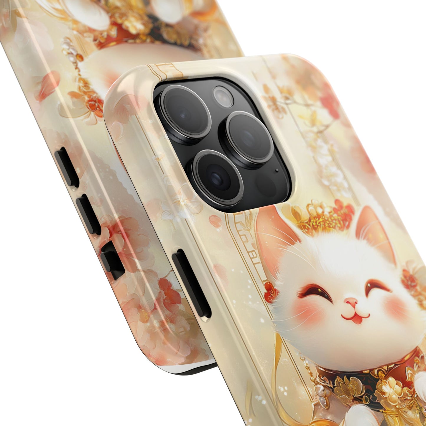 Lucky Fortune Cat Phone Case | Tang Dynasty Chinese Style Golden Floral Design | Cute Smiling Maneki-neko Protective Cover
