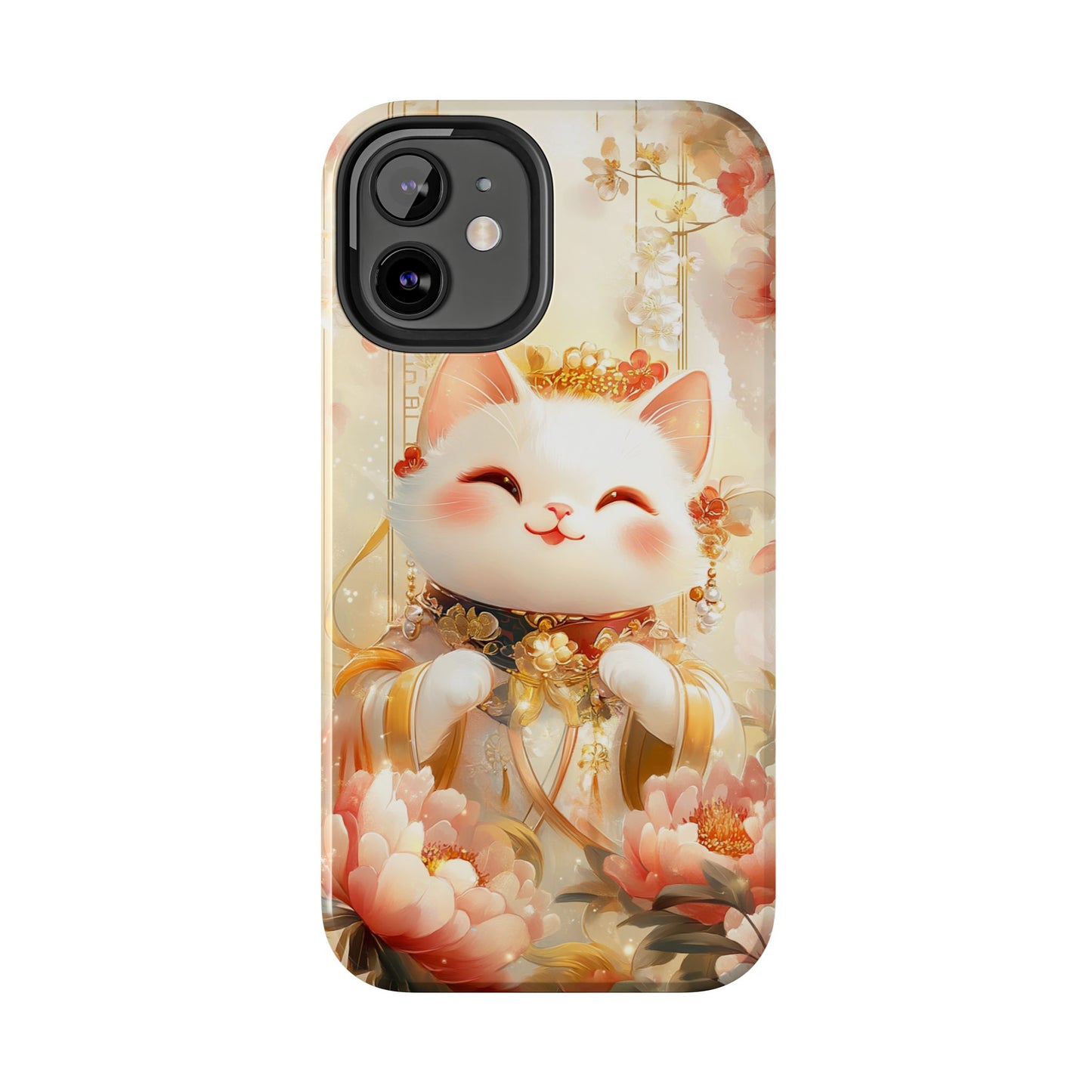 Lucky Fortune Cat Phone Case | Tang Dynasty Chinese Style Golden Floral Design | Cute Smiling Maneki-neko Protective Cover