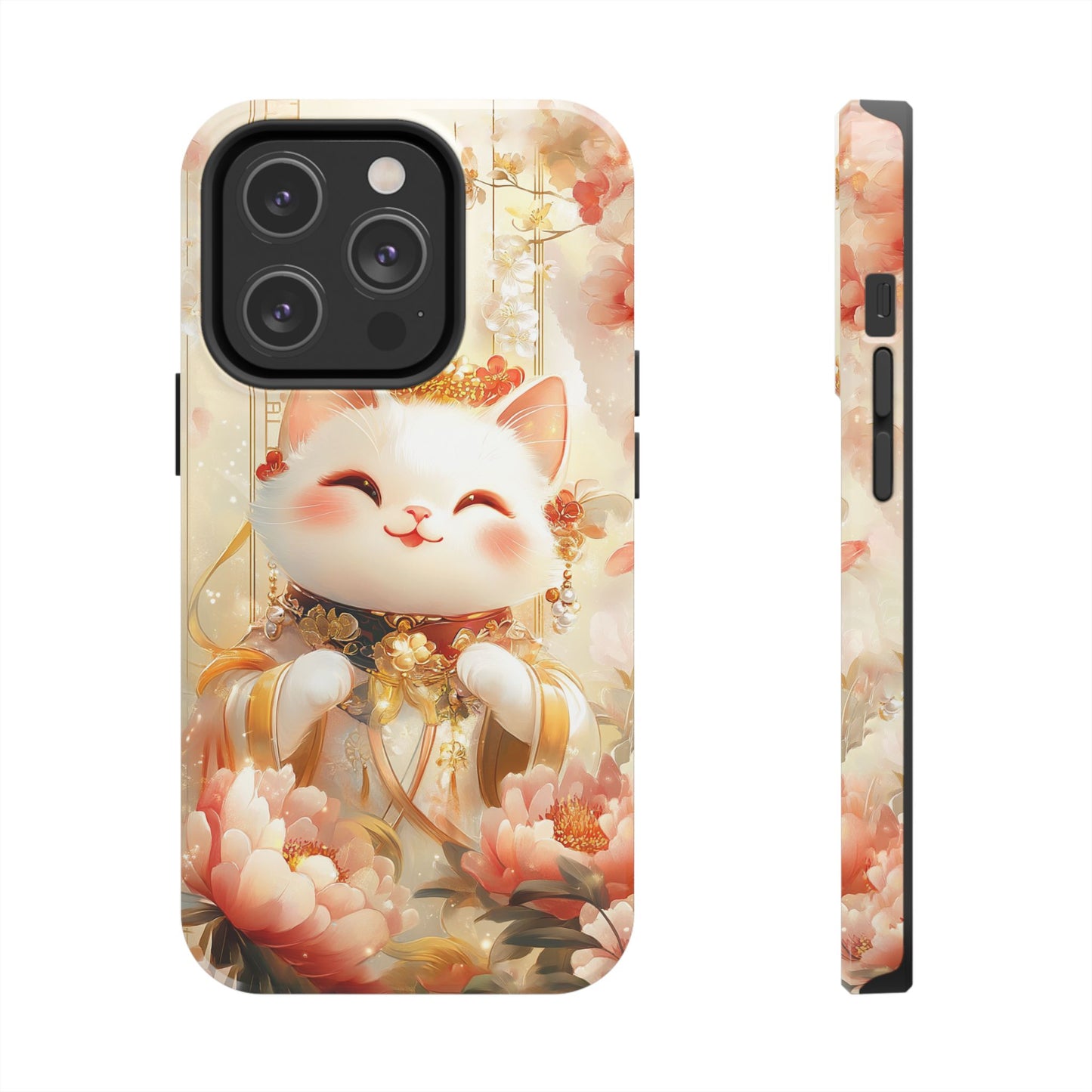 Lucky Fortune Cat Phone Case | Tang Dynasty Chinese Style Golden Floral Design | Cute Smiling Maneki-neko Protective Cover