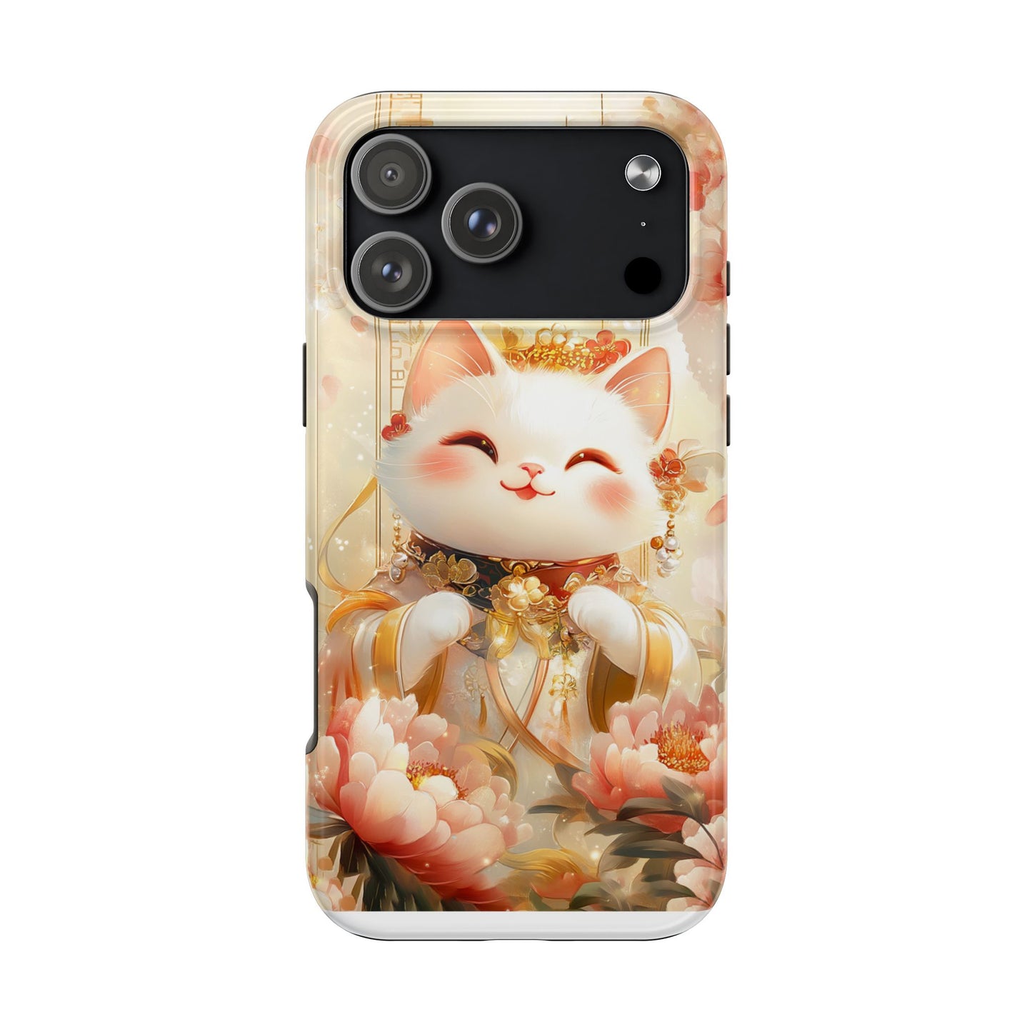Lucky Fortune Cat Phone Case | Tang Dynasty Chinese Style Golden Floral Design | Cute Smiling Maneki-neko Protective Cover