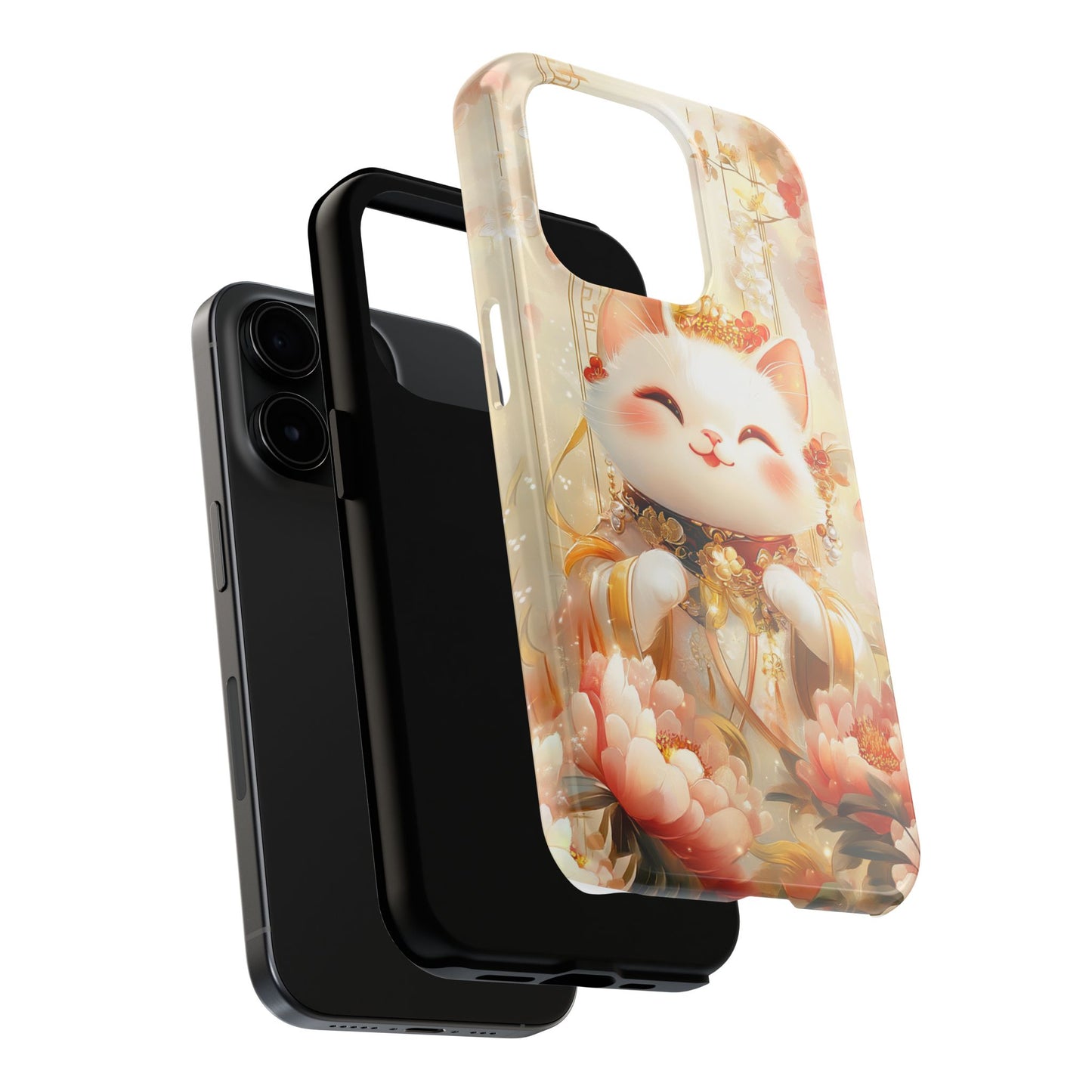 Lucky Fortune Cat Phone Case | Tang Dynasty Chinese Style Golden Floral Design | Cute Smiling Maneki-neko Protective Cover