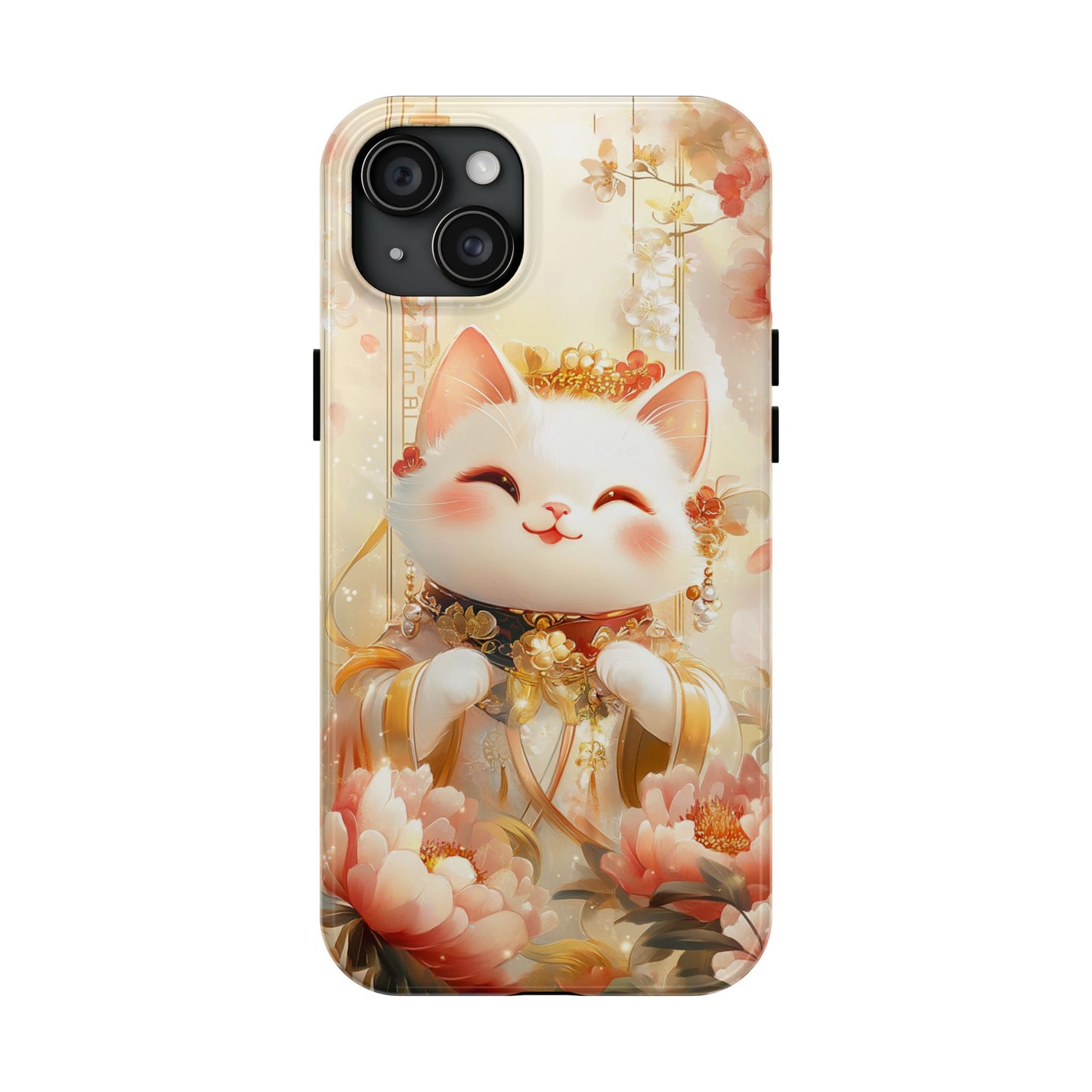 Lucky Fortune Cat Phone Case | Tang Dynasty Chinese Style Golden Floral Design | Cute Smiling Maneki-neko Protective Cover