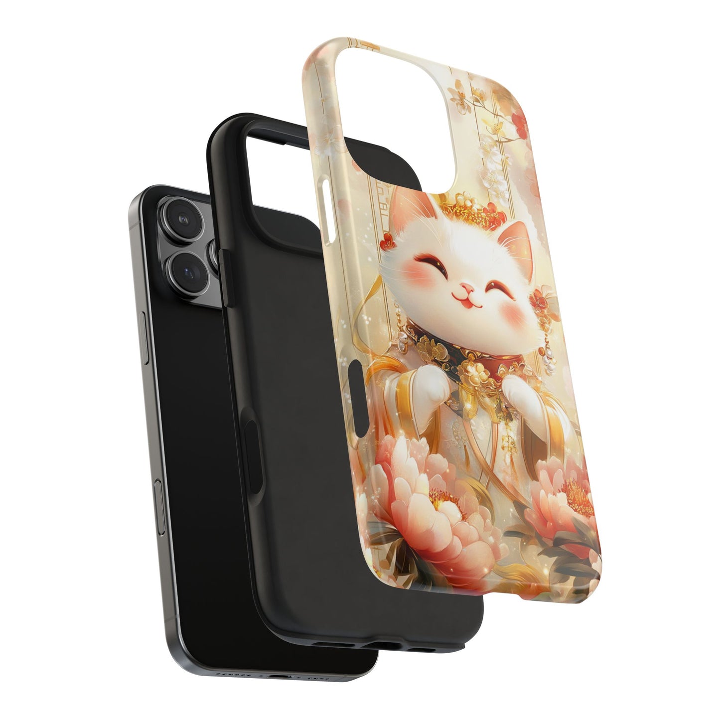 Lucky Fortune Cat Phone Case | Tang Dynasty Chinese Style Golden Floral Design | Cute Smiling Maneki-neko Protective Cover