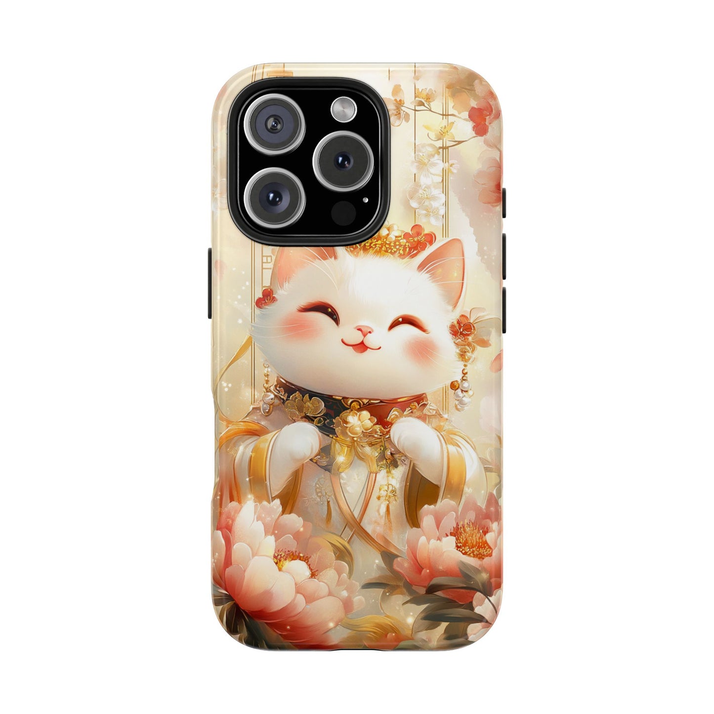 Lucky Fortune Cat Phone Case | Tang Dynasty Chinese Style Golden Floral Design | Cute Smiling Maneki-neko Protective Cover