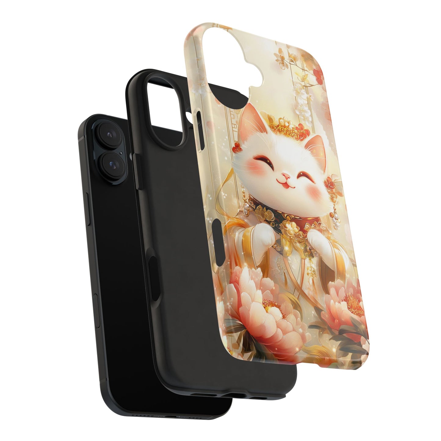 Lucky Fortune Cat Phone Case | Tang Dynasty Chinese Style Golden Floral Design | Cute Smiling Maneki-neko Protective Cover