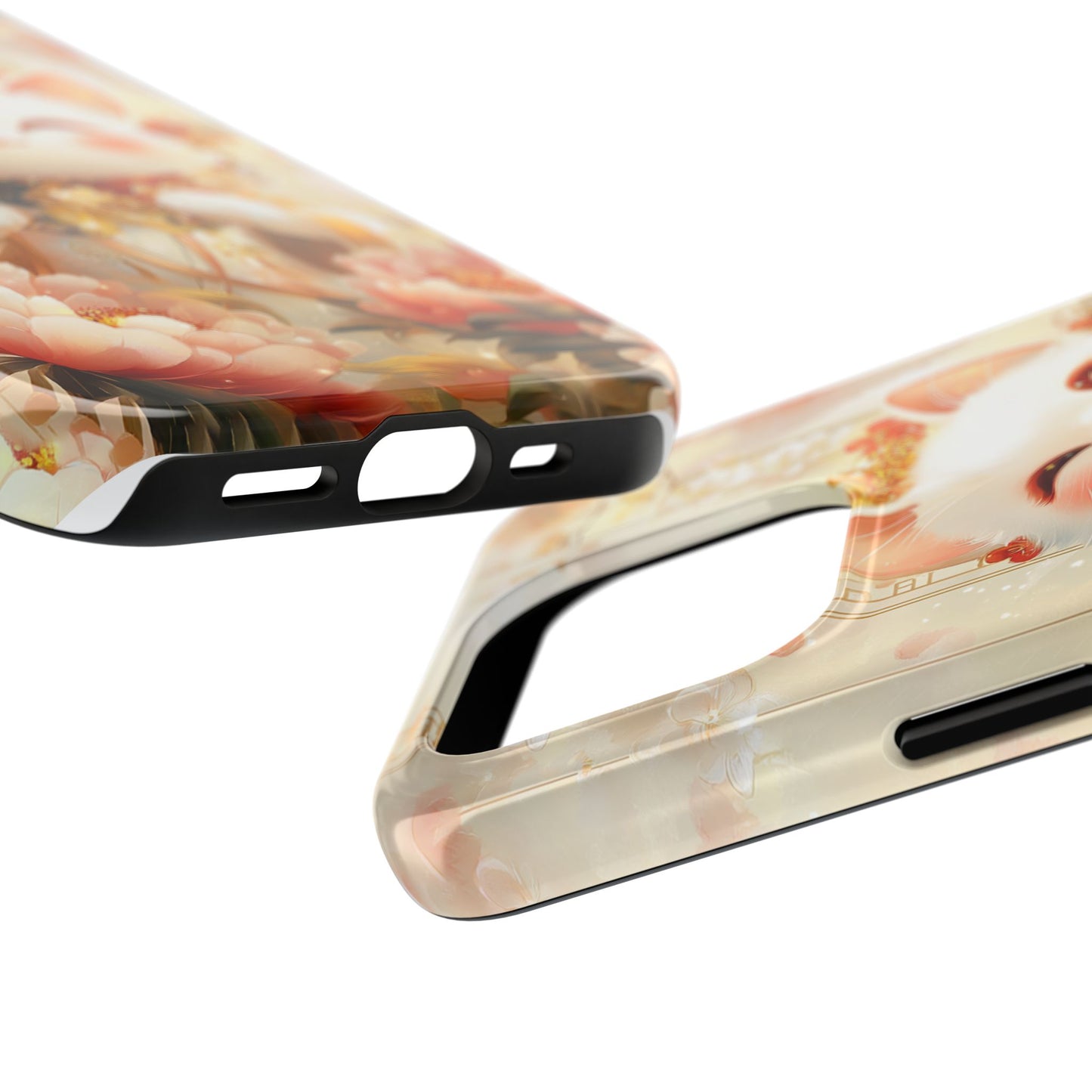 Lucky Fortune Cat Phone Case | Tang Dynasty Chinese Style Golden Floral Design | Cute Smiling Maneki-neko Protective Cover