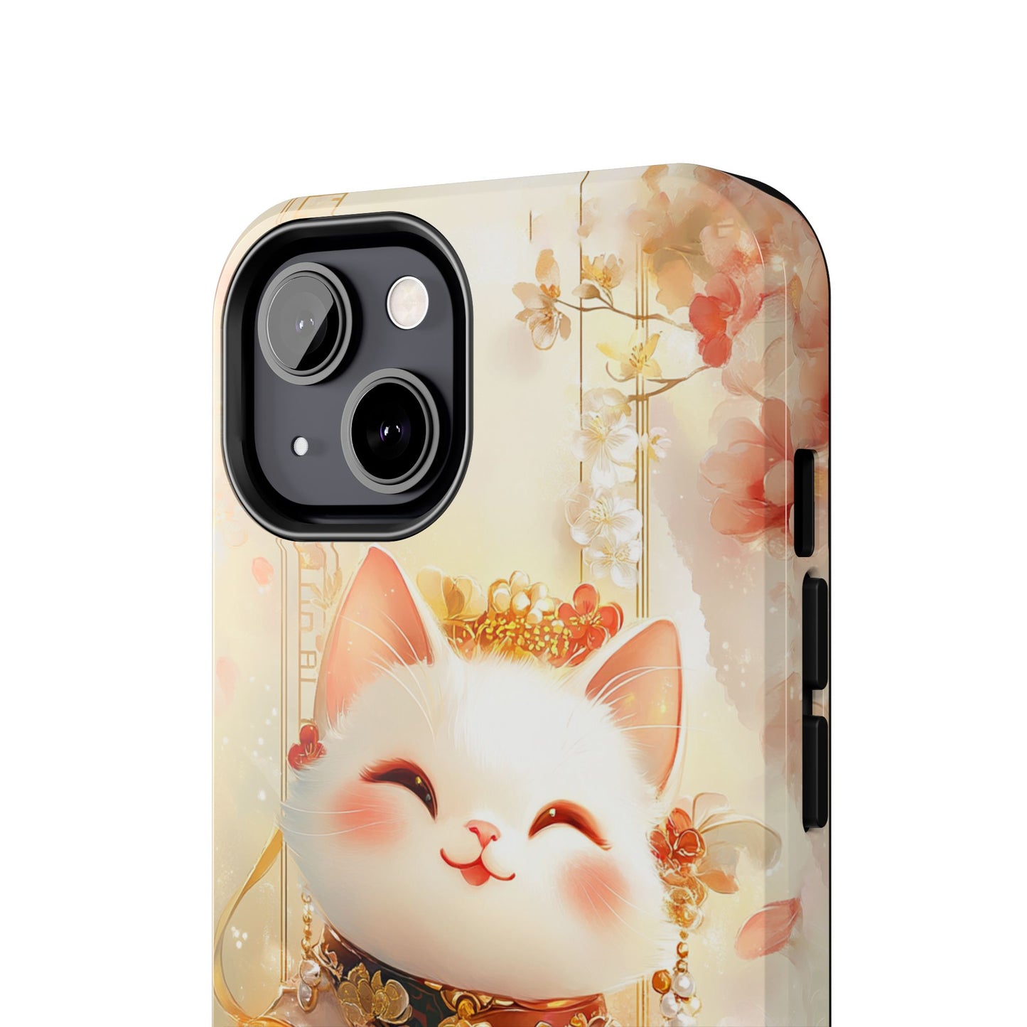 Lucky Fortune Cat Phone Case | Tang Dynasty Chinese Style Golden Floral Design | Cute Smiling Maneki-neko Protective Cover