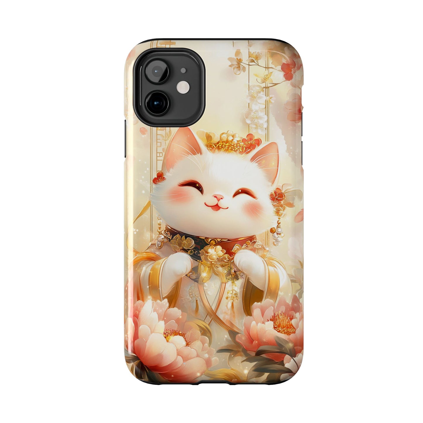 Lucky Fortune Cat Phone Case | Tang Dynasty Chinese Style Golden Floral Design | Cute Smiling Maneki-neko Protective Cover