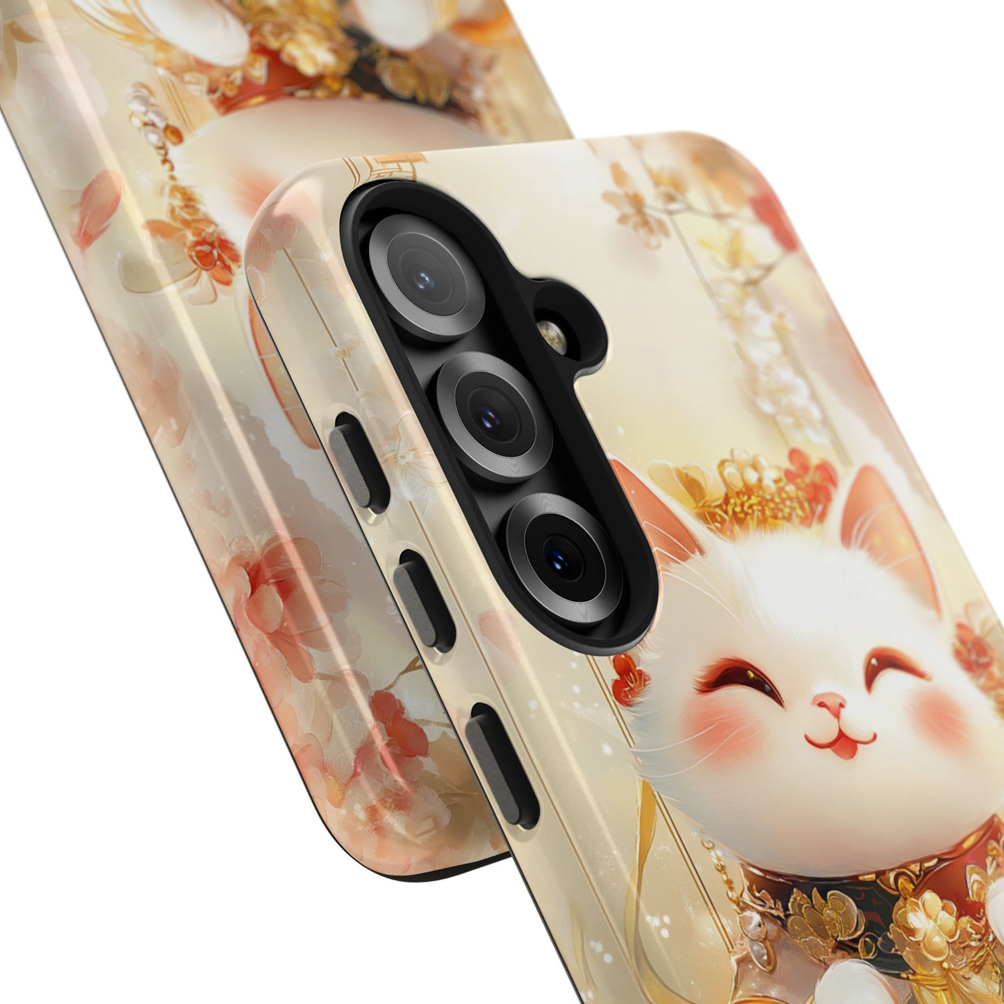 Lucky Fortune Cat Phone Case | Tang Dynasty Chinese Style Golden Floral Design | Cute Smiling Maneki-neko Protective Cover