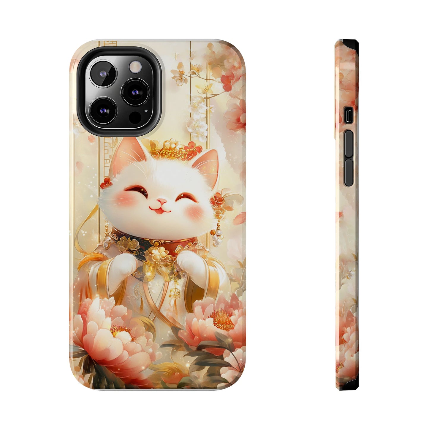 Lucky Fortune Cat Phone Case | Tang Dynasty Chinese Style Golden Floral Design | Cute Smiling Maneki-neko Protective Cover