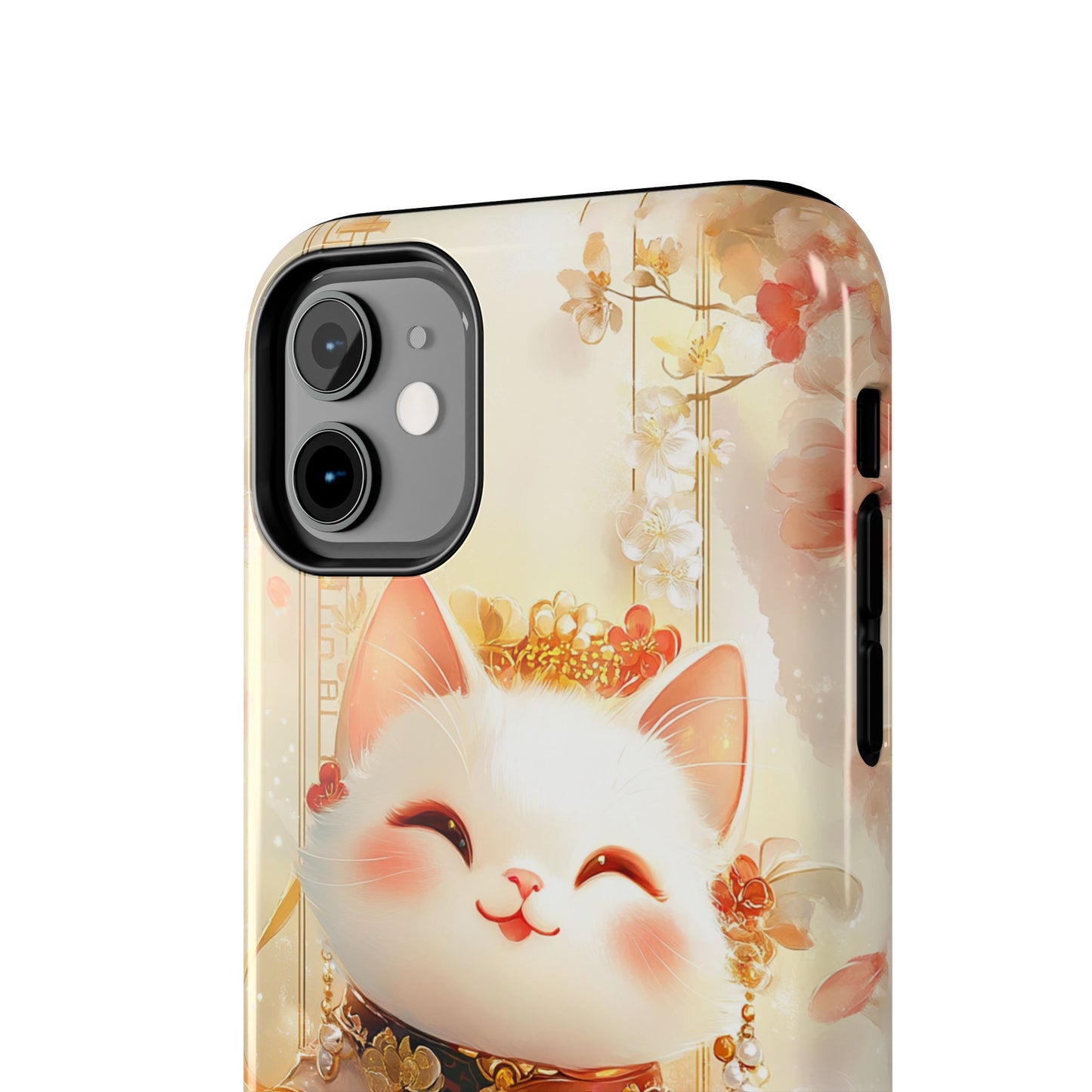 Lucky Fortune Cat Phone Case | Tang Dynasty Chinese Style Golden Floral Design | Cute Smiling Maneki-neko Protective Cover