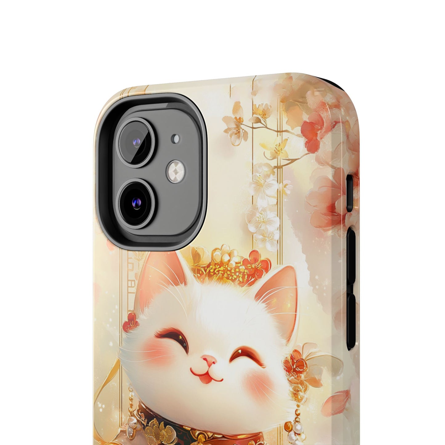 Lucky Fortune Cat Phone Case | Tang Dynasty Chinese Style Golden Floral Design | Cute Smiling Maneki-neko Protective Cover