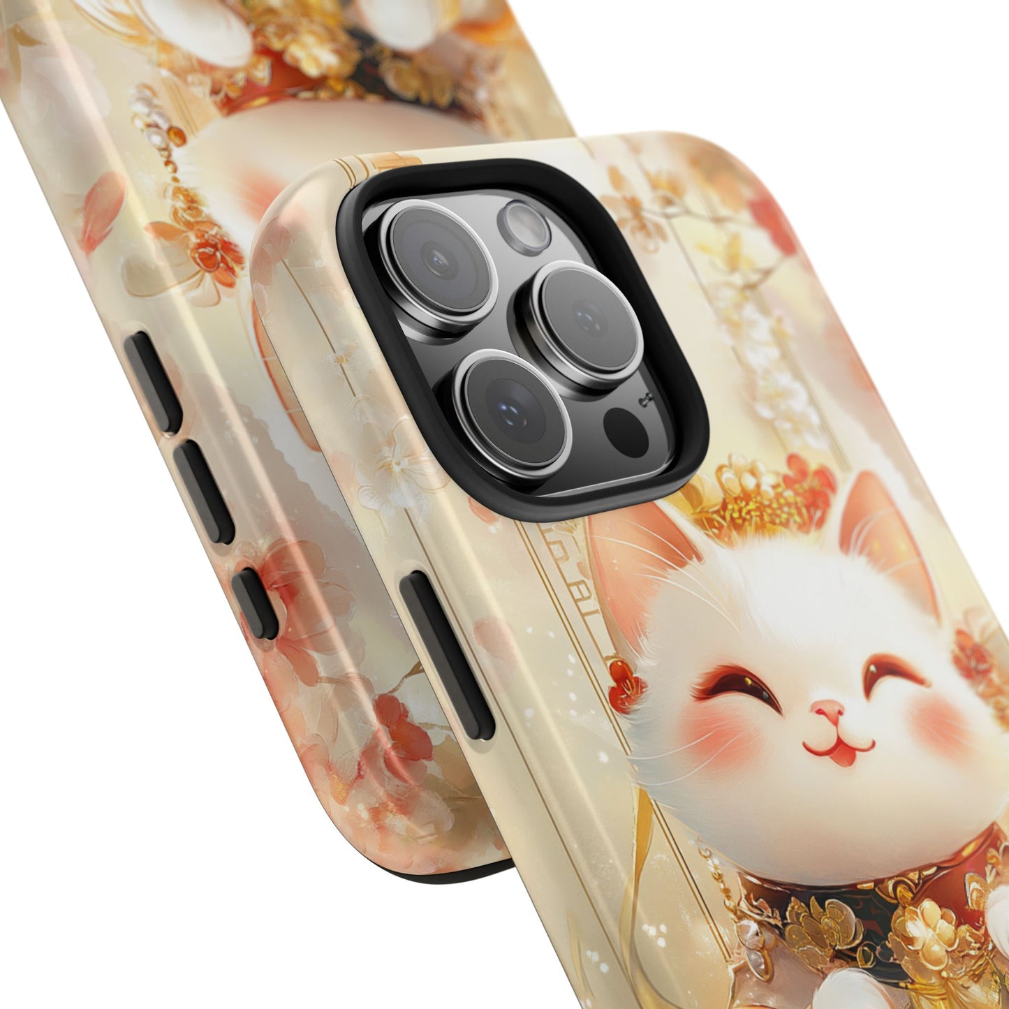 Lucky Fortune Cat Phone Case | Tang Dynasty Chinese Style Golden Floral Design | Cute Smiling Maneki-neko Protective Cover