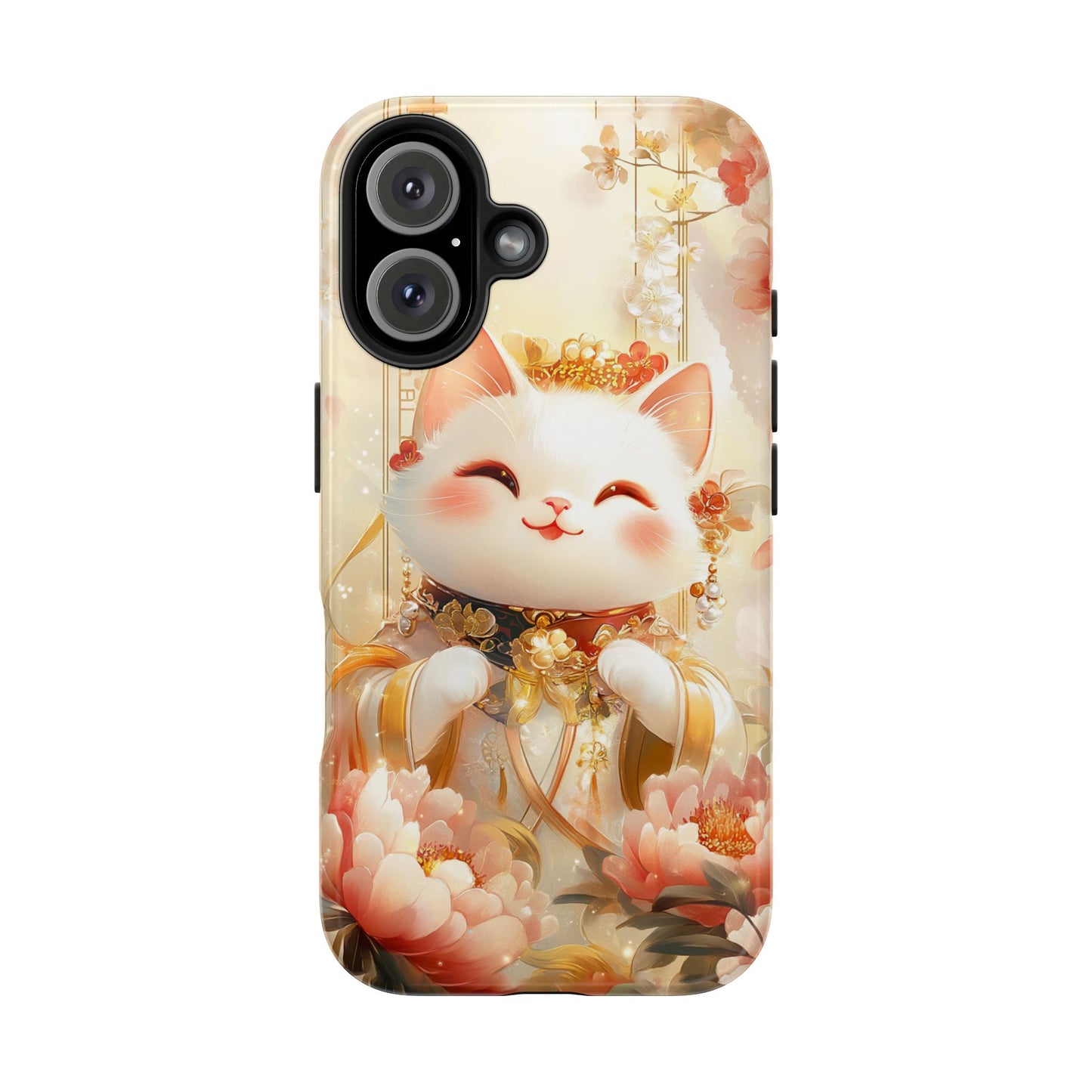 Lucky Fortune Cat Phone Case | Tang Dynasty Chinese Style Golden Floral Design | Cute Smiling Maneki-neko Protective Cover
