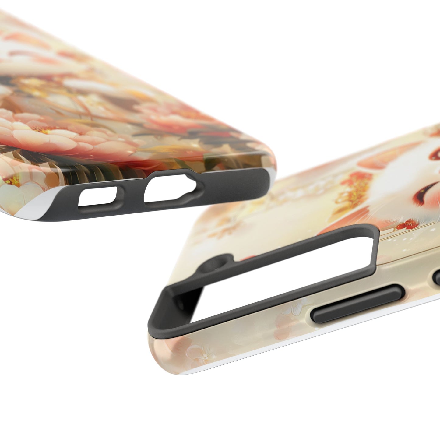 Lucky Fortune Cat Phone Case | Tang Dynasty Chinese Style Golden Floral Design | Cute Smiling Maneki-neko Protective Cover