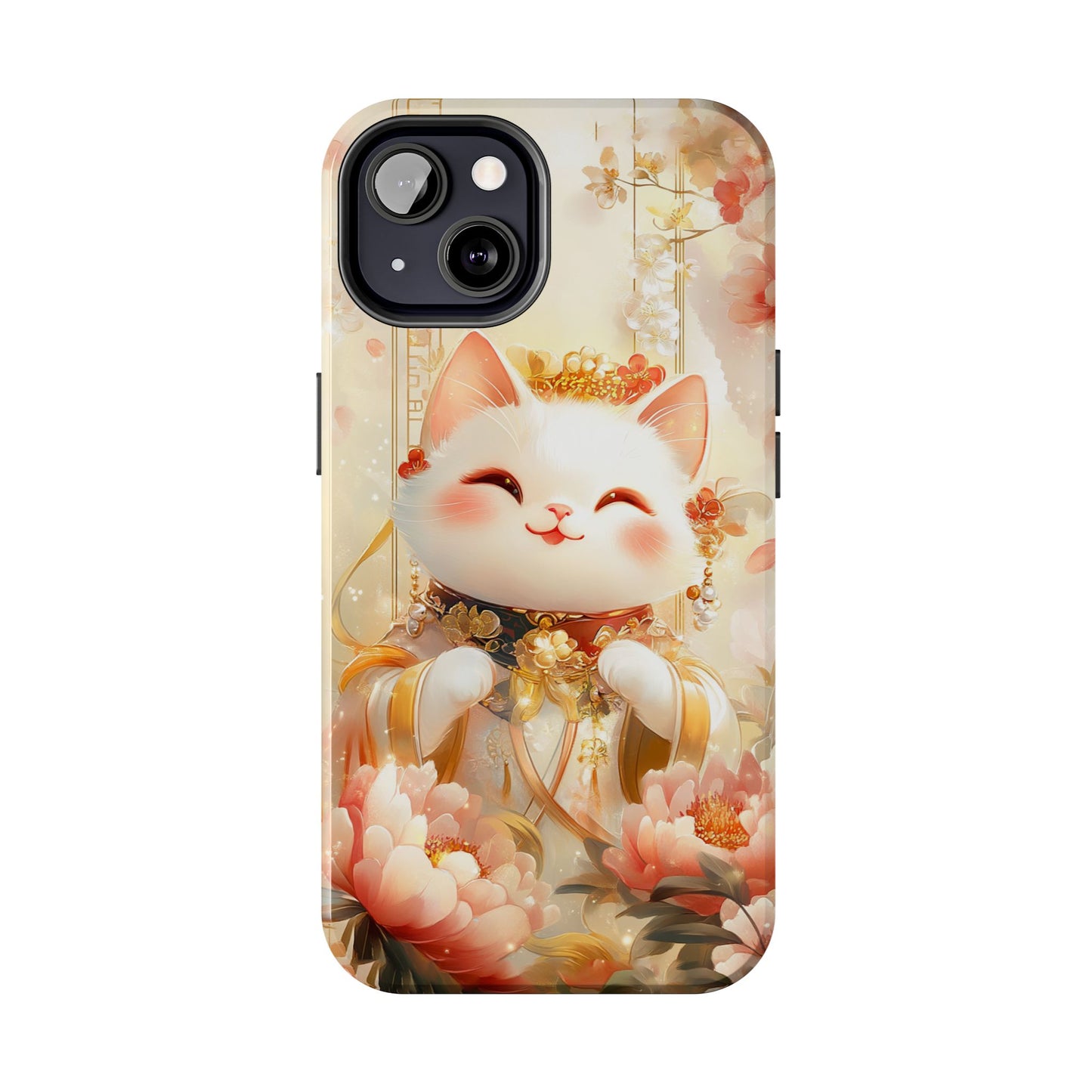 Lucky Fortune Cat Phone Case | Tang Dynasty Chinese Style Golden Floral Design | Cute Smiling Maneki-neko Protective Cover