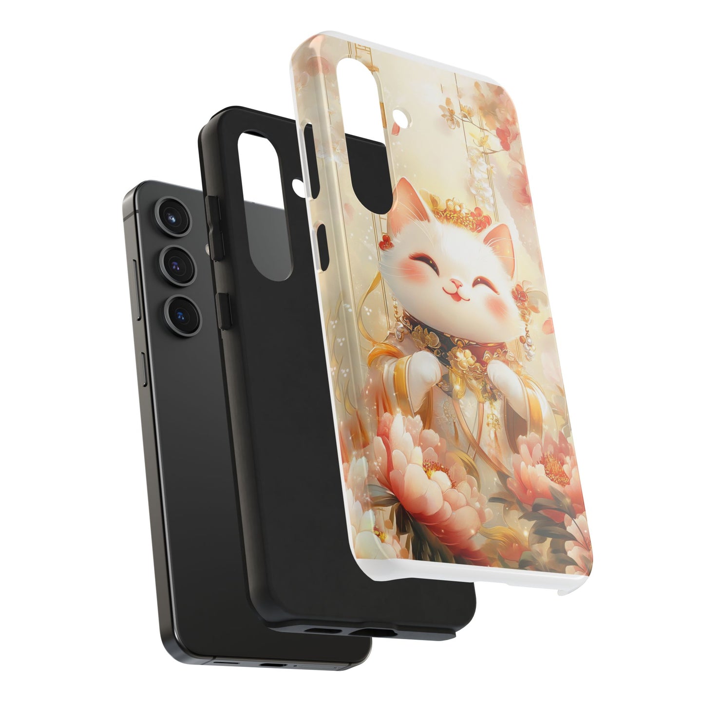 Lucky Fortune Cat Phone Case | Tang Dynasty Chinese Style Golden Floral Design | Cute Smiling Maneki-neko Protective Cover