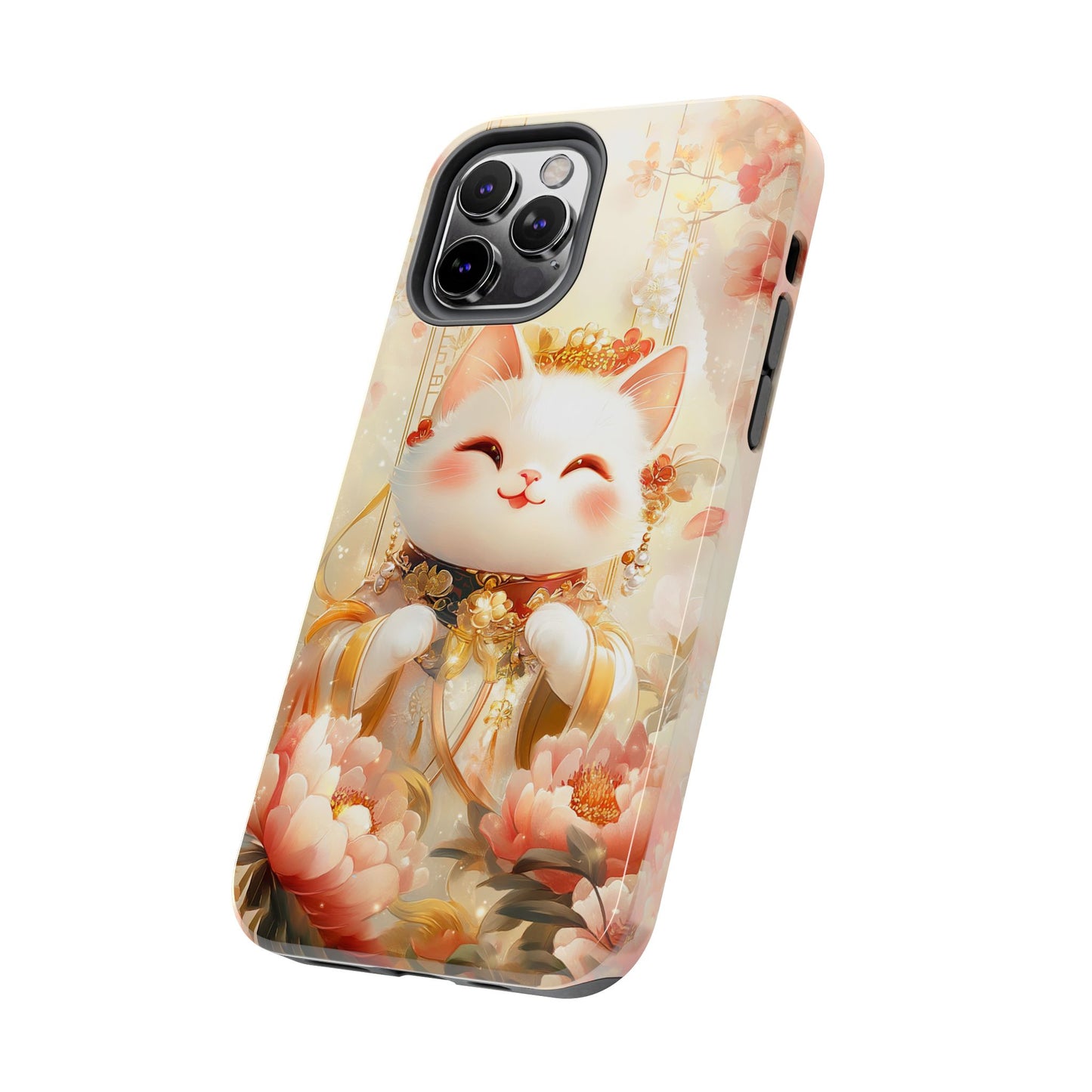 Lucky Fortune Cat Phone Case | Tang Dynasty Chinese Style Golden Floral Design | Cute Smiling Maneki-neko Protective Cover