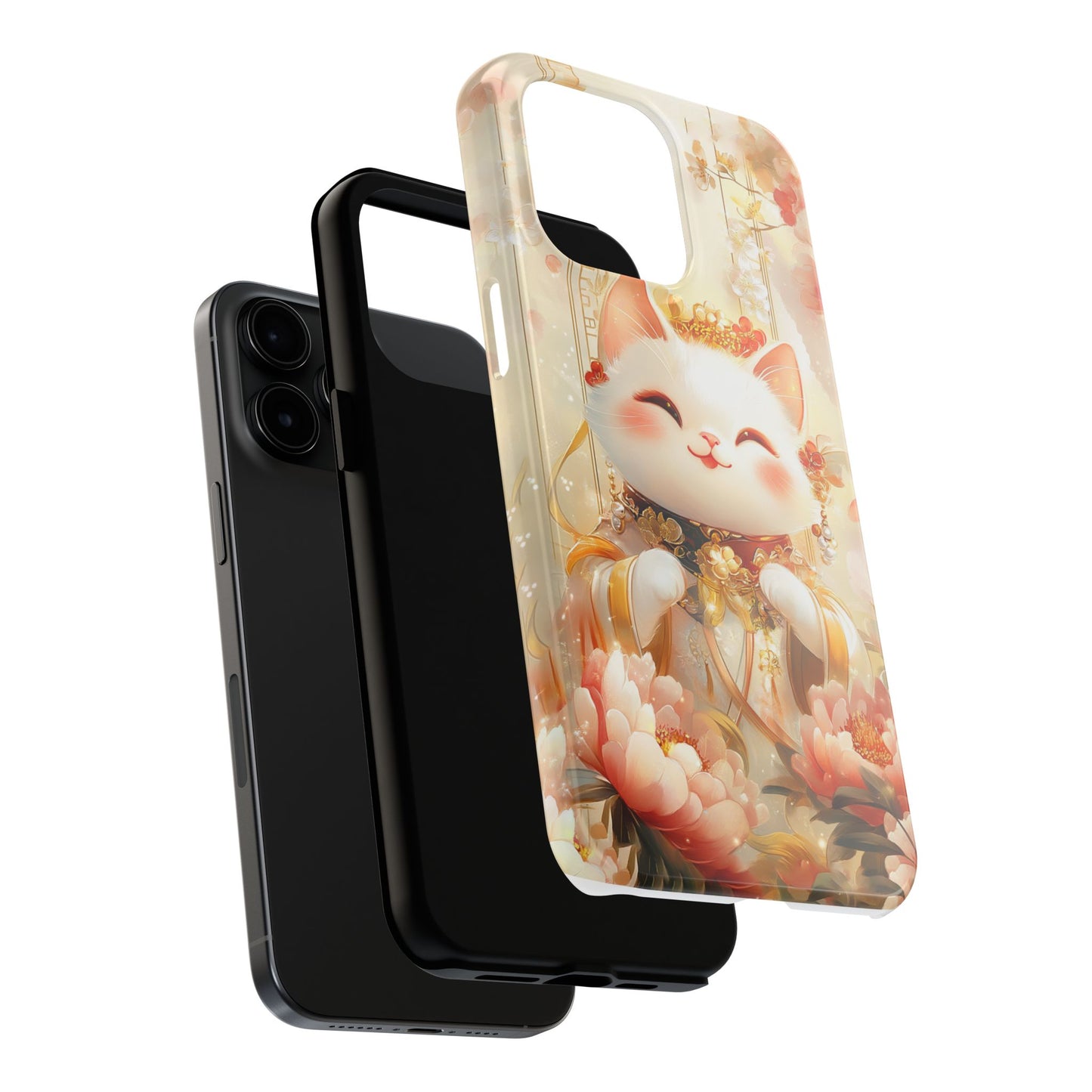Lucky Fortune Cat Phone Case | Tang Dynasty Chinese Style Golden Floral Design | Cute Smiling Maneki-neko Protective Cover