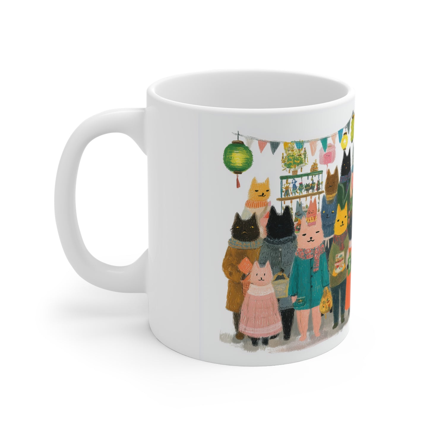 Whimsical Cat Parade 11oz Mug - Colorful Animal Design for Cat Lovers