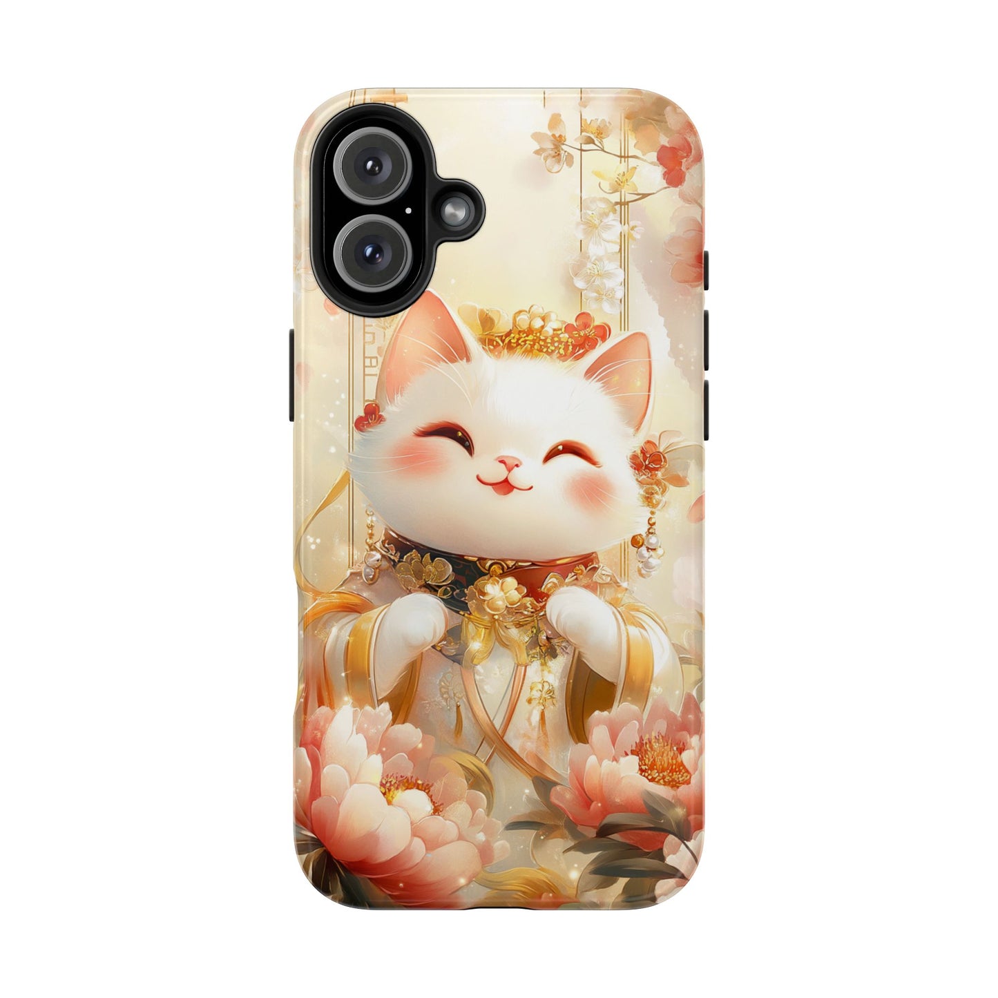 Lucky Fortune Cat Phone Case | Tang Dynasty Chinese Style Golden Floral Design | Cute Smiling Maneki-neko Protective Cover