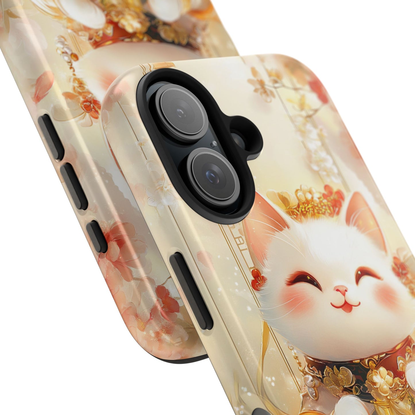 Lucky Fortune Cat Phone Case | Tang Dynasty Chinese Style Golden Floral Design | Cute Smiling Maneki-neko Protective Cover
