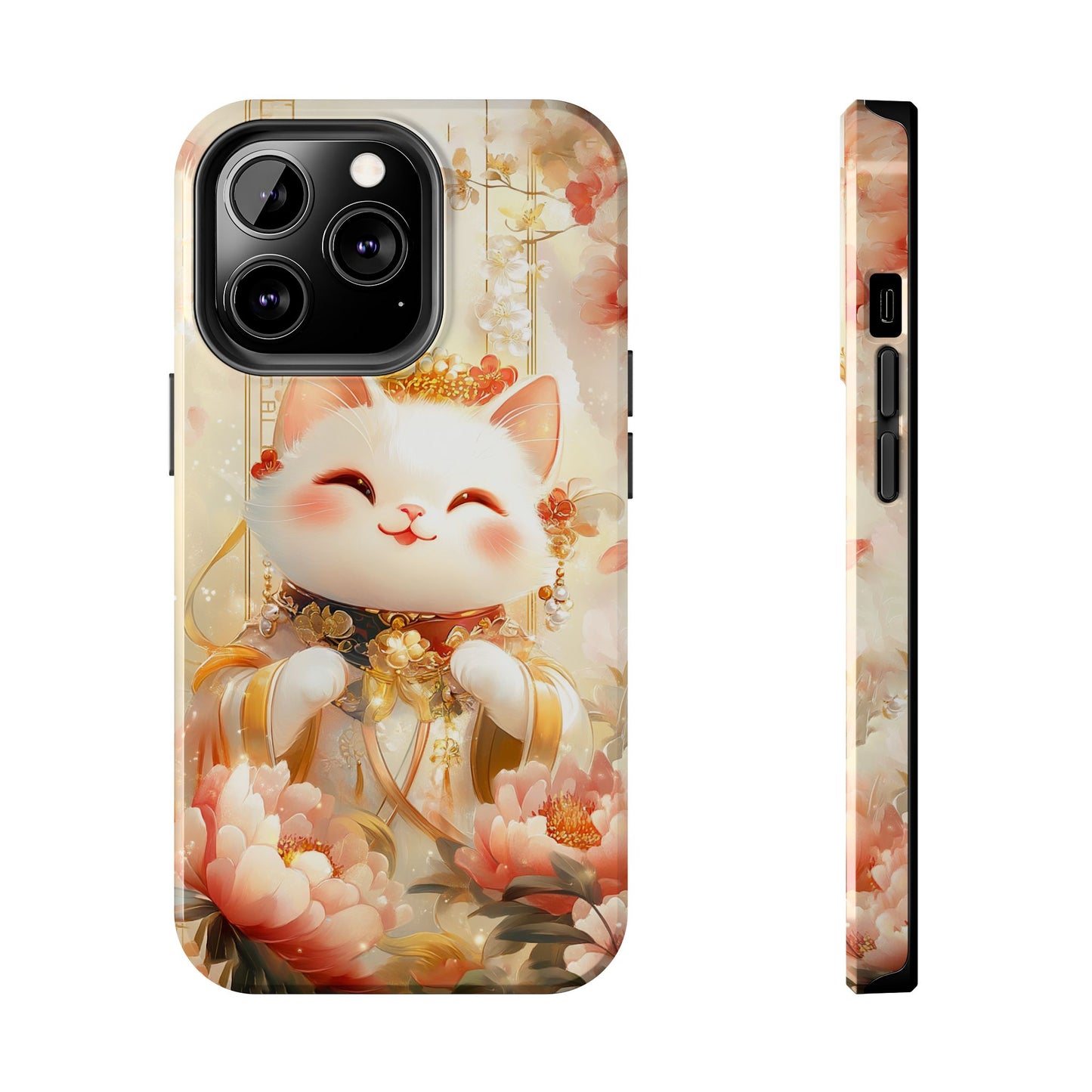 Lucky Fortune Cat Phone Case | Tang Dynasty Chinese Style Golden Floral Design | Cute Smiling Maneki-neko Protective Cover