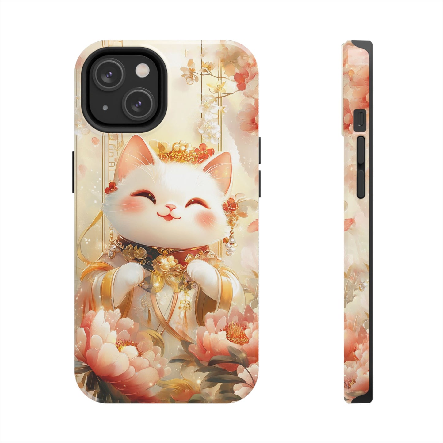 Lucky Fortune Cat Phone Case | Tang Dynasty Chinese Style Golden Floral Design | Cute Smiling Maneki-neko Protective Cover