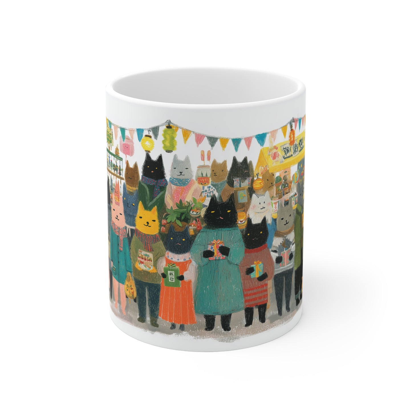 Whimsical Cat Parade 11oz Mug - Colorful Animal Design for Cat Lovers