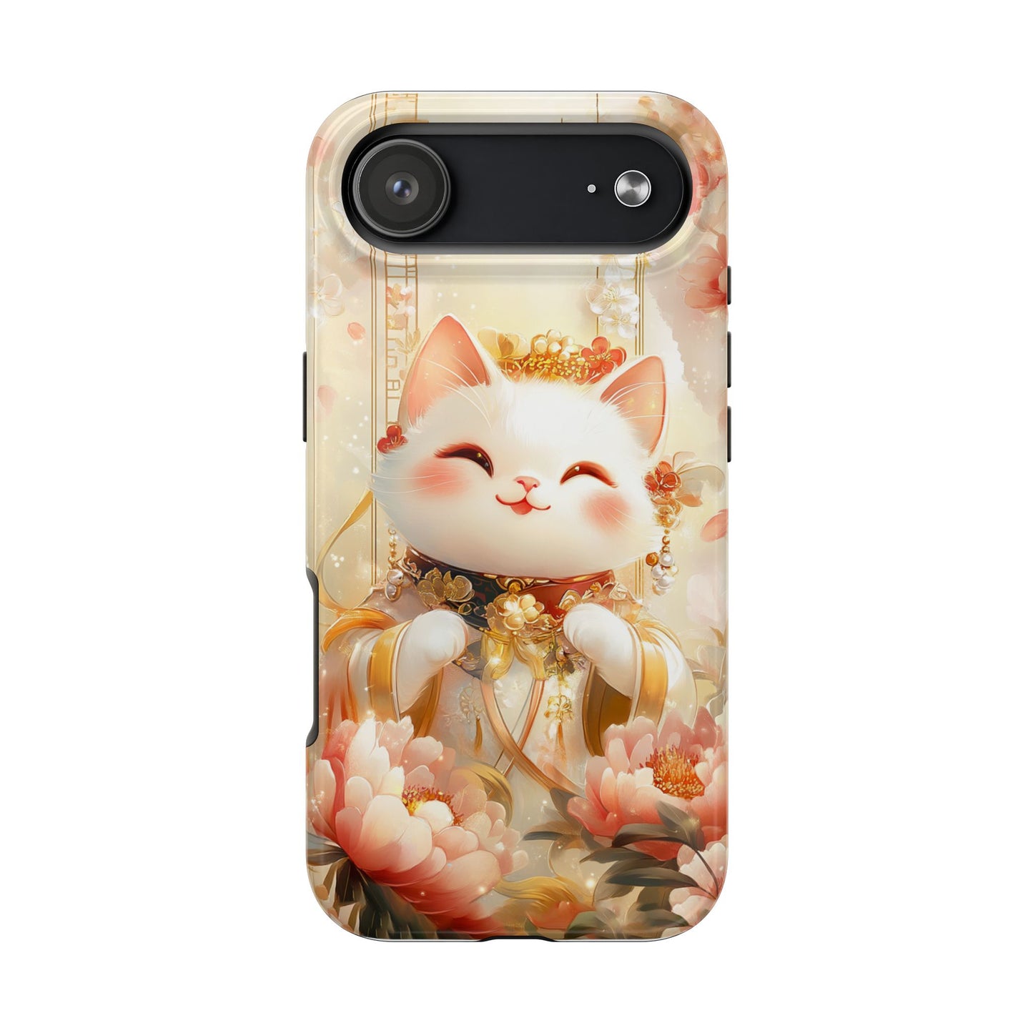 Lucky Fortune Cat Phone Case | Tang Dynasty Chinese Style Golden Floral Design | Cute Smiling Maneki-neko Protective Cover