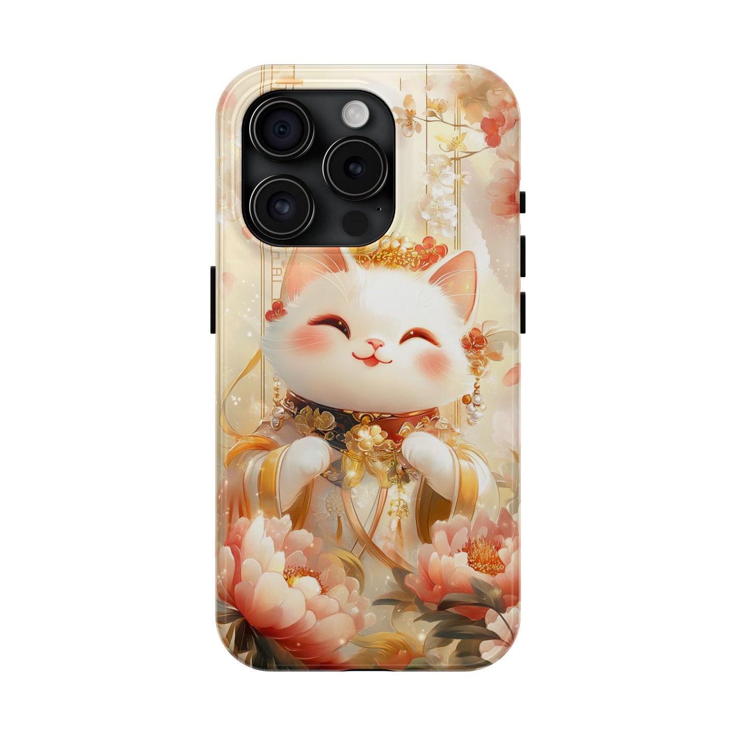 Lucky Fortune Cat Phone Case | Tang Dynasty Chinese Style Golden Floral Design | Cute Smiling Maneki-neko Protective Cover