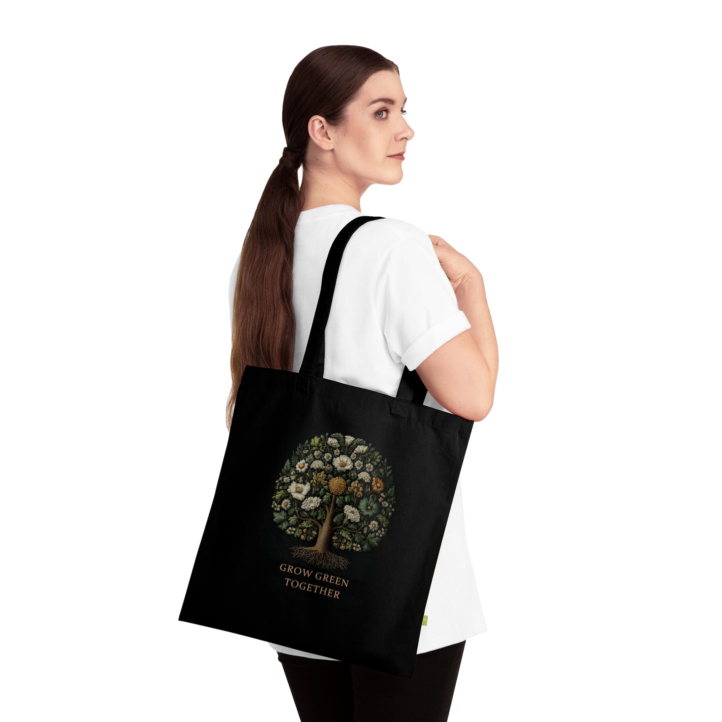 Tree of Life Eco Tote Bag - Vintage Botanical Print | Sustainable Cotton Canvas Bag | "Grow Green Together" Black Tote