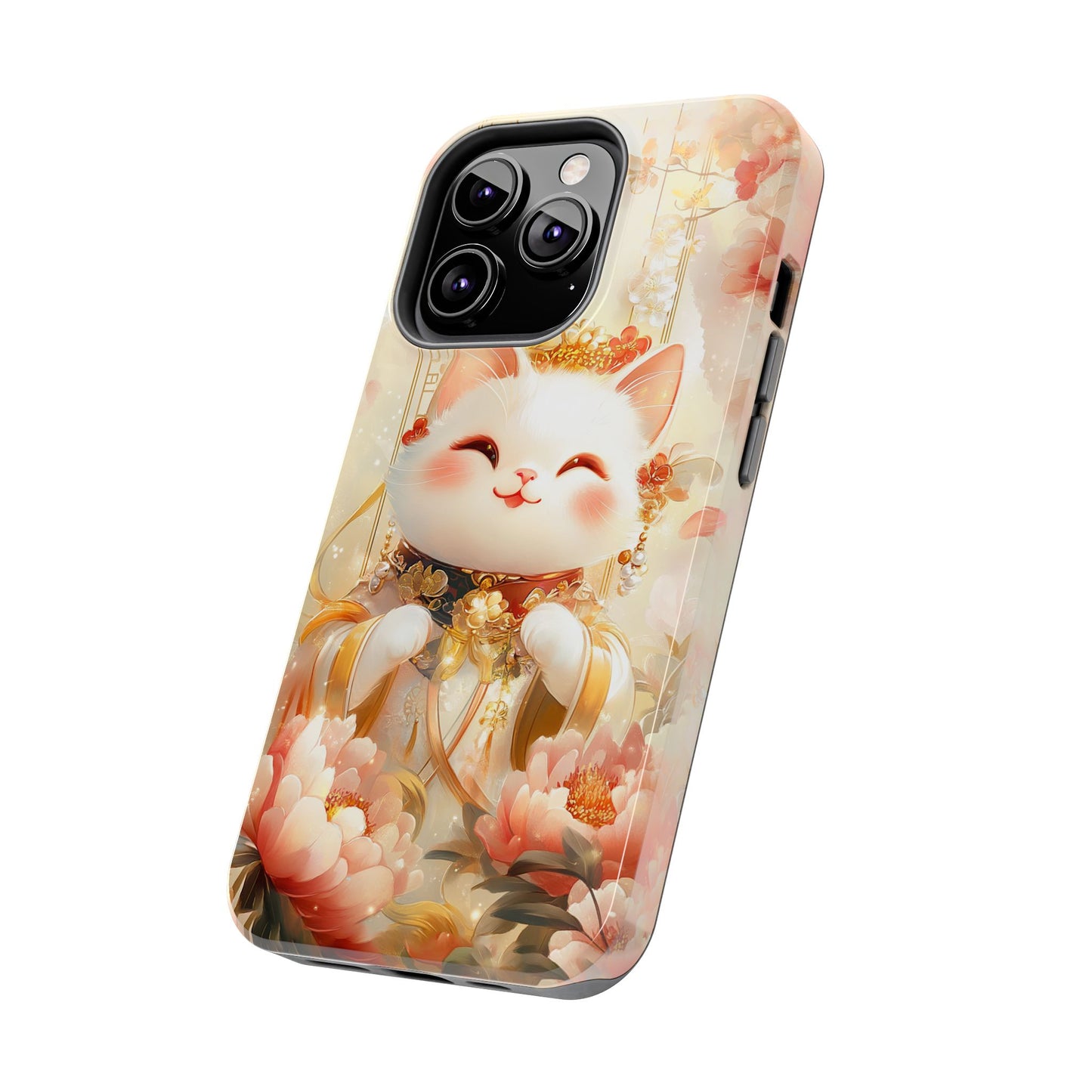 Lucky Fortune Cat Phone Case | Tang Dynasty Chinese Style Golden Floral Design | Cute Smiling Maneki-neko Protective Cover