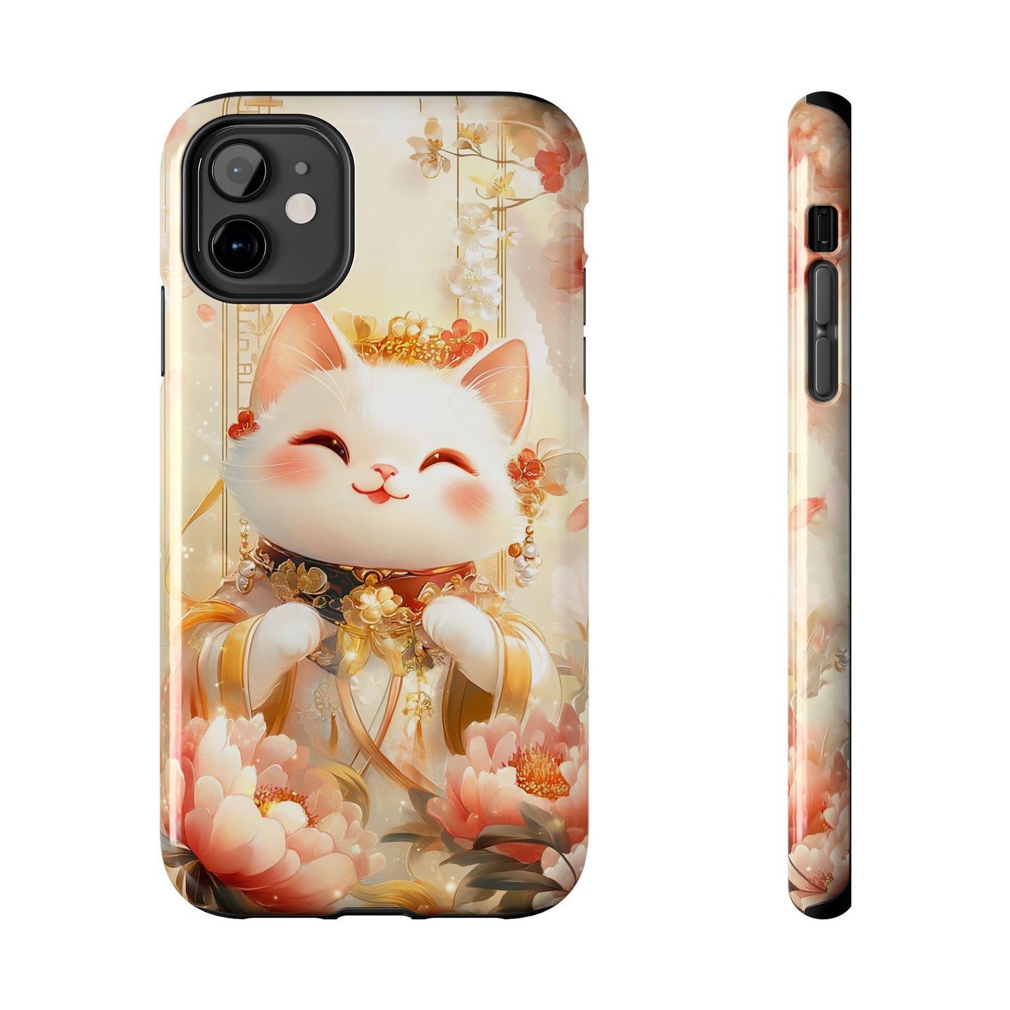 Lucky Fortune Cat Phone Case | Tang Dynasty Chinese Style Golden Floral Design | Cute Smiling Maneki-neko Protective Cover
