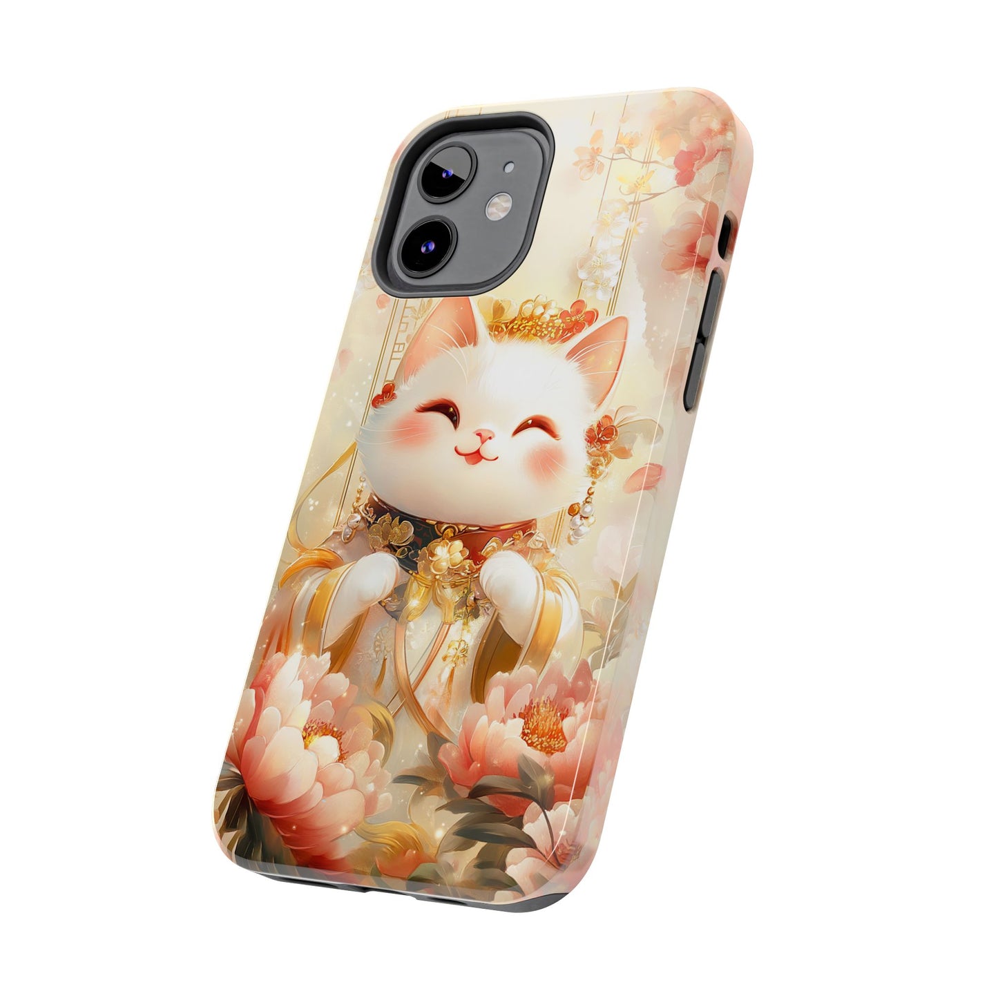 Lucky Fortune Cat Phone Case | Tang Dynasty Chinese Style Golden Floral Design | Cute Smiling Maneki-neko Protective Cover