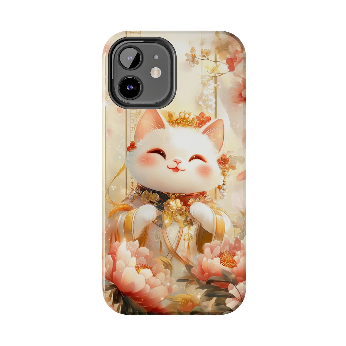 Lucky Fortune Cat Phone Case | Tang Dynasty Chinese Style Golden Floral Design | Cute Smiling Maneki-neko Protective Cover