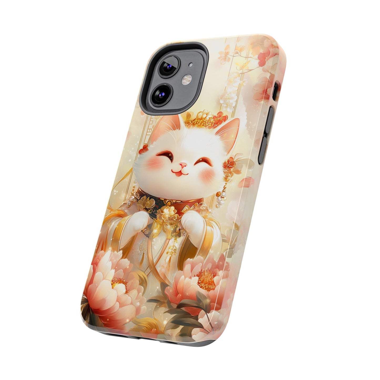 Lucky Fortune Cat Phone Case | Tang Dynasty Chinese Style Golden Floral Design | Cute Smiling Maneki-neko Protective Cover