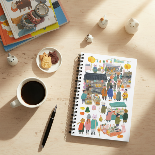 Aesthetic Cat Market Journal | Sunny Workspace & Coffee Momentsl Notebook