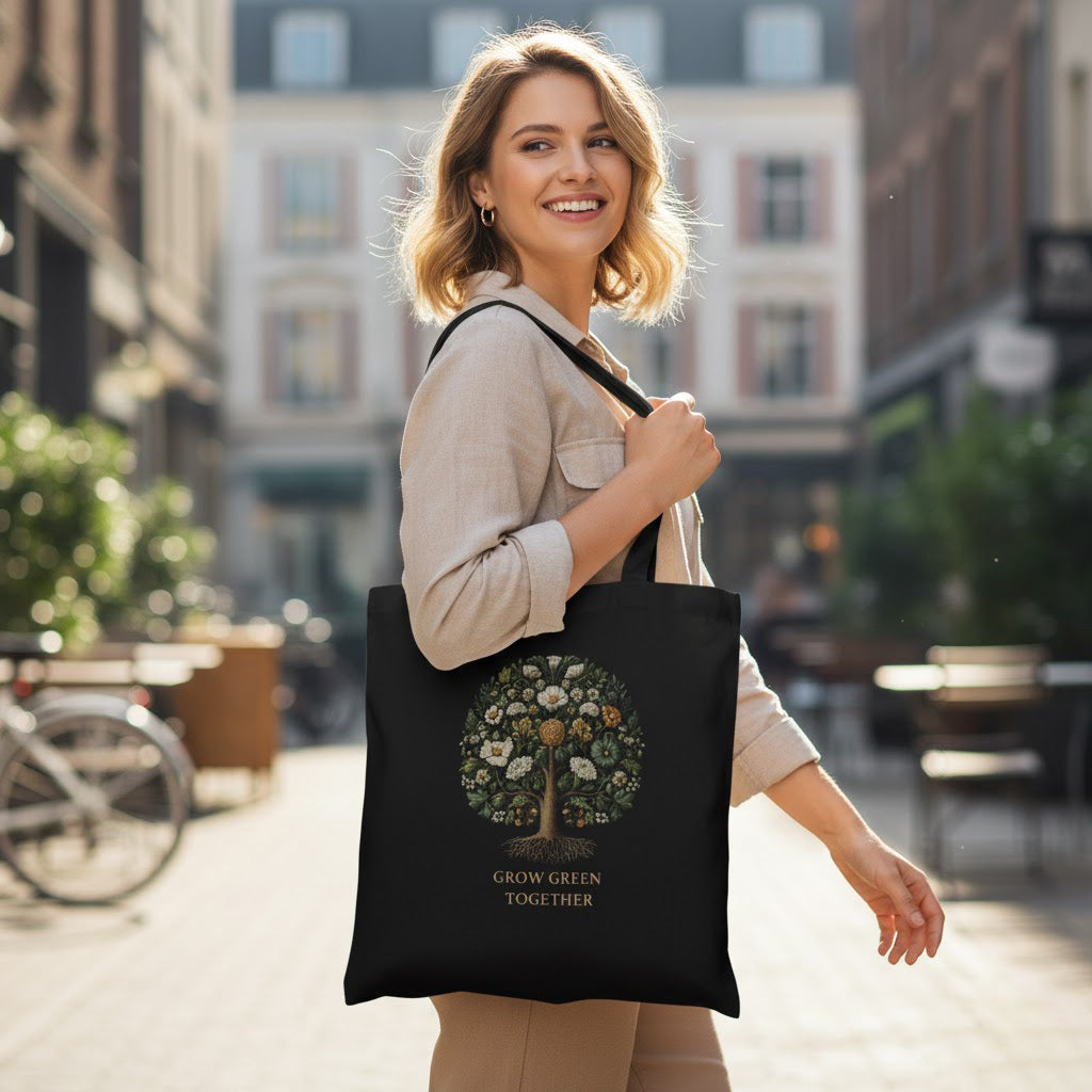 Tree of Life Eco Tote Bag - Vintage Botanical Print | Sustainable Cotton Canvas Bag | "Grow Green Together" Black Tote